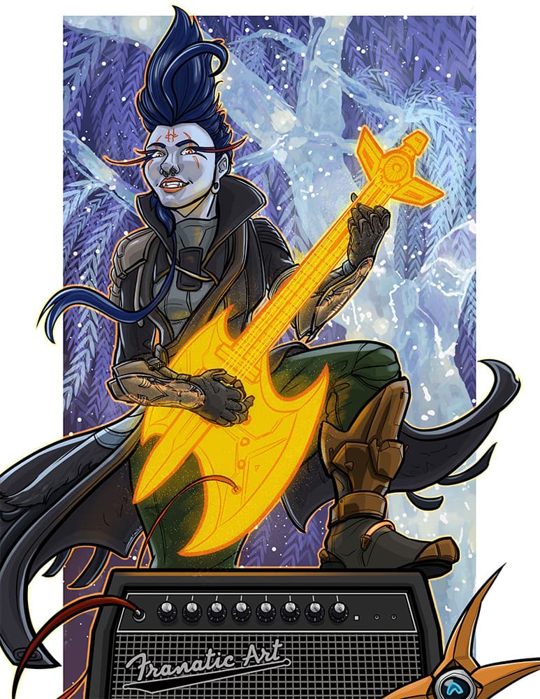 A Destiny 2 original character named Naphji playing a blazing guitar in front of an icy tree.