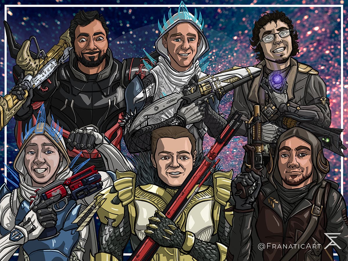 Portrait group commission of six members of the Perpetuus Clan as their characters and holding their favorite guns.