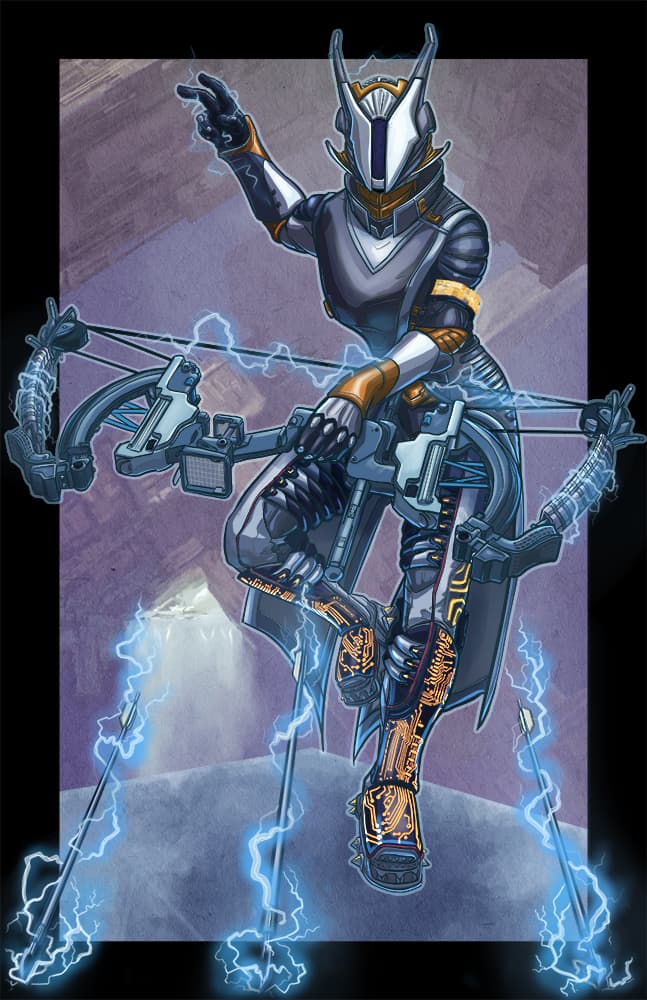 A Destiny 2 Warlock firing lightning arrows from an exotic arc bow.