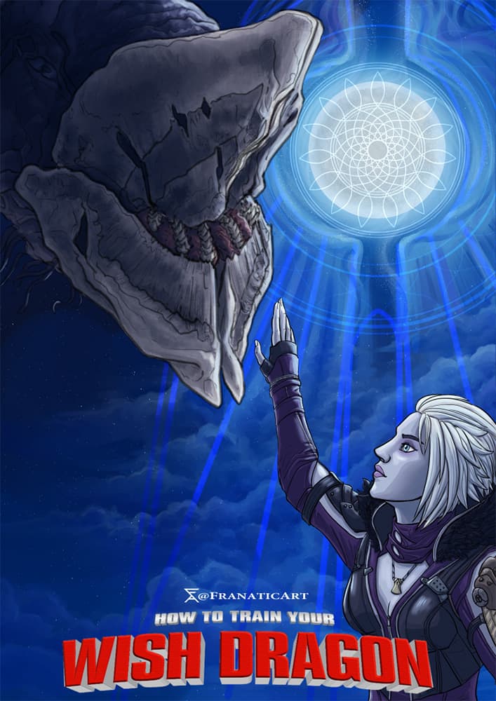 "How to Train Your Wish Dragon," a poster design spoof based on Dreamworks' "How to Train Your Dragon." Featuring a young Awoken Queen Mara Sov extending her hand towards the Wish Dragon Riven.