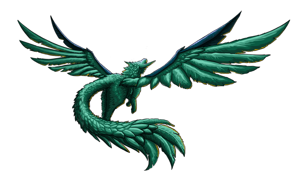 An emerald green birdlike creature, wings spread and flying away.
