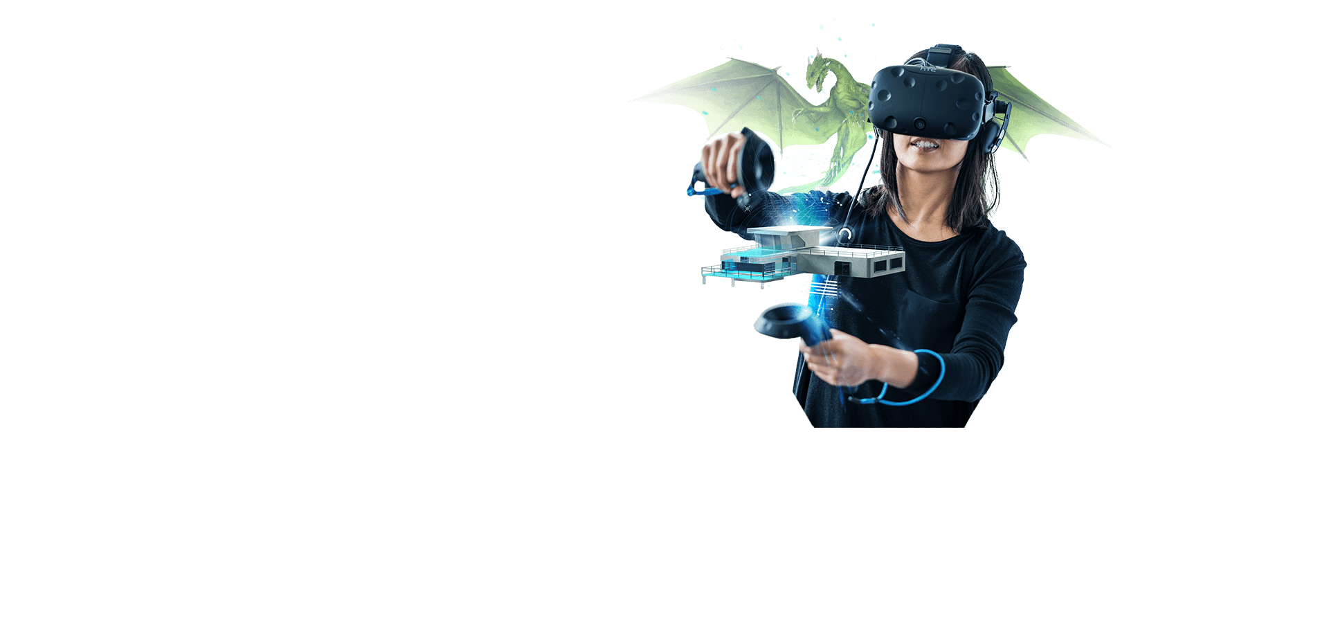 Composite portrait of a video game developer constructing a 3D model of a mansion in VR as a green dragon floats behind her head.