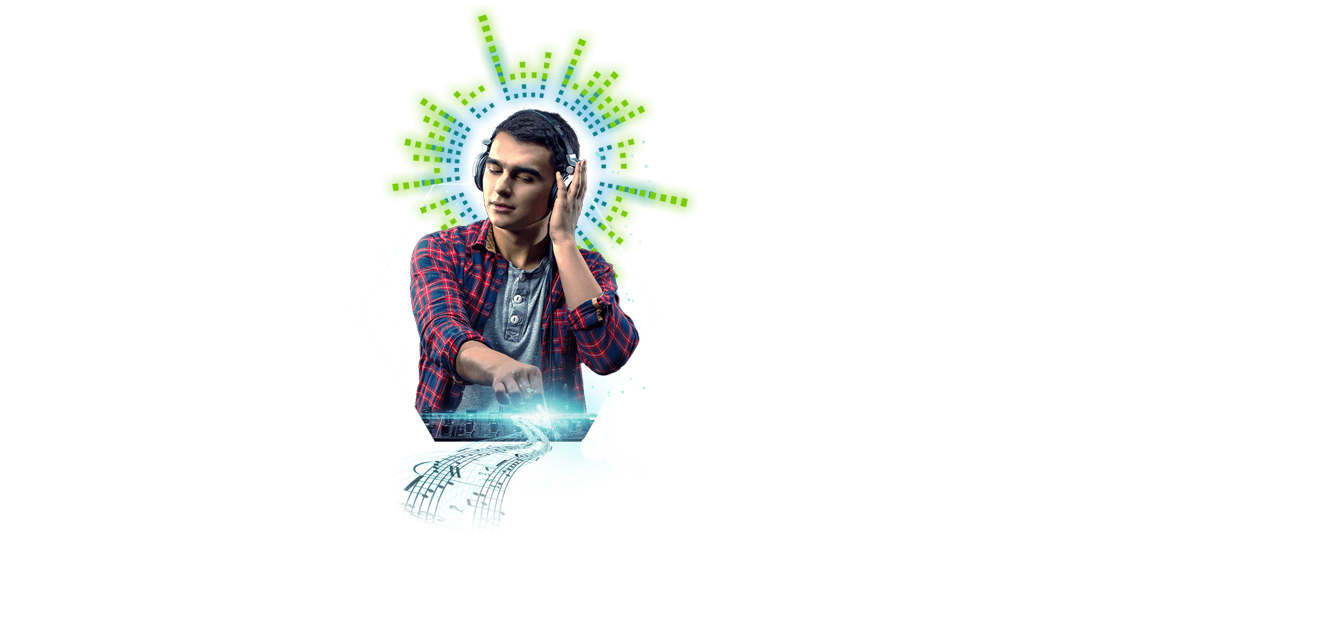 Composite portrait of a music producer mixing a song and listening to it on his headphones. Equalizer bars burst around his head like a halo, and a line of music flows from his fingertips.