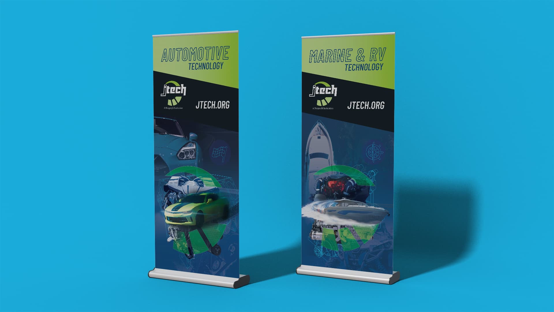 J-Tech pop-up banners featuring the Automotive Technology and Marine & RV Technology programs.