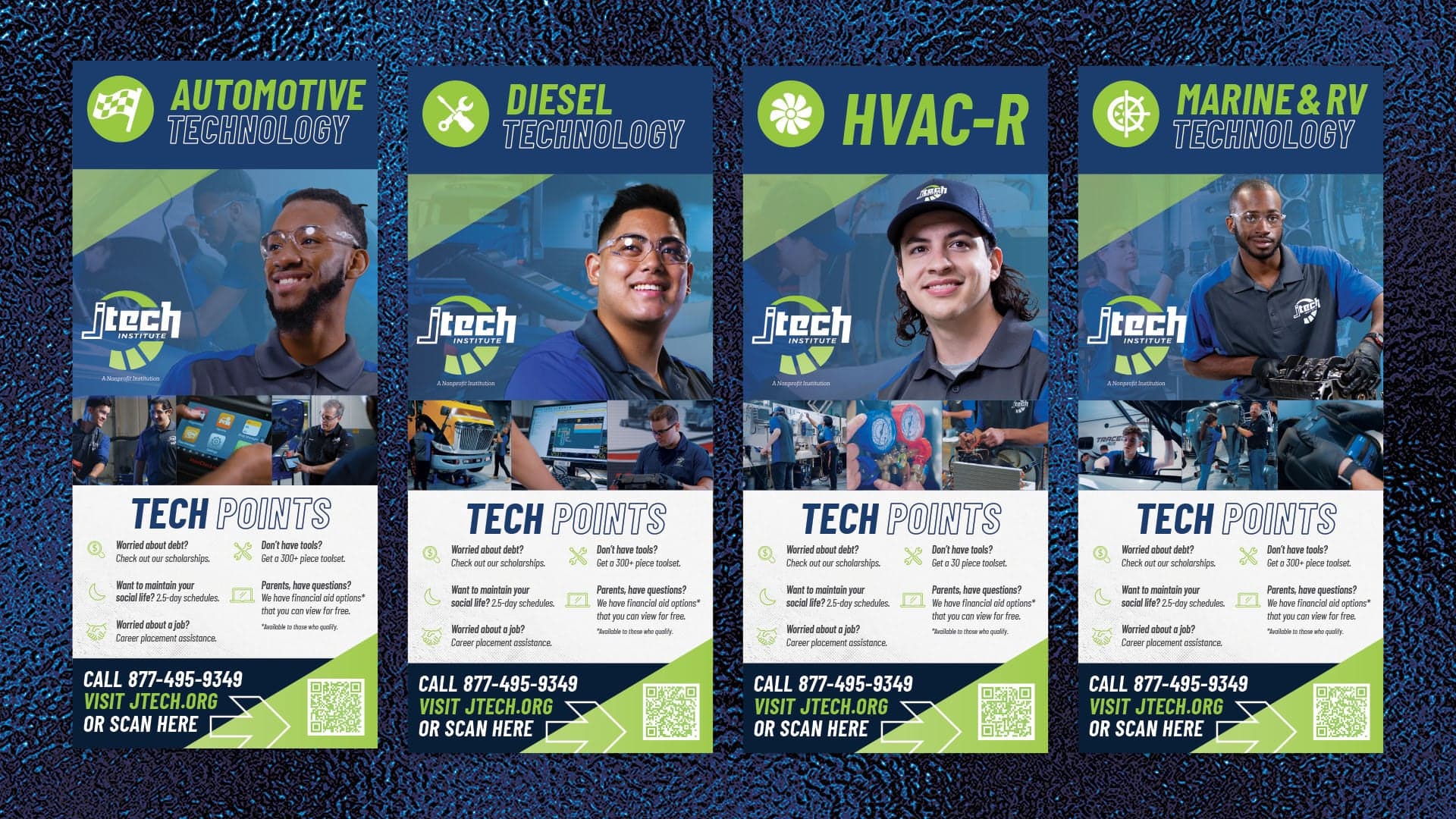 J-Tech rack cards to be distributed to high schools, featuring the Automotive Technology, Diesel Technology, HVAC-R, and Marine & RV Technology programs.