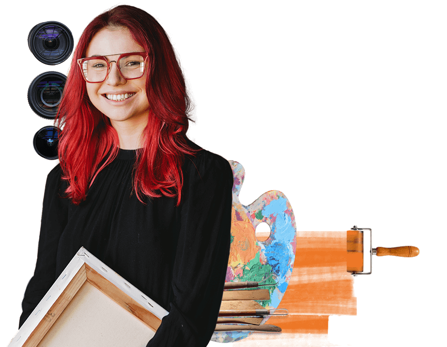 A young female artist with bright red hair smiling and holding a blank canvas. Camera lenses, paintbrushes, ink rollers, and a paint palette surround her.