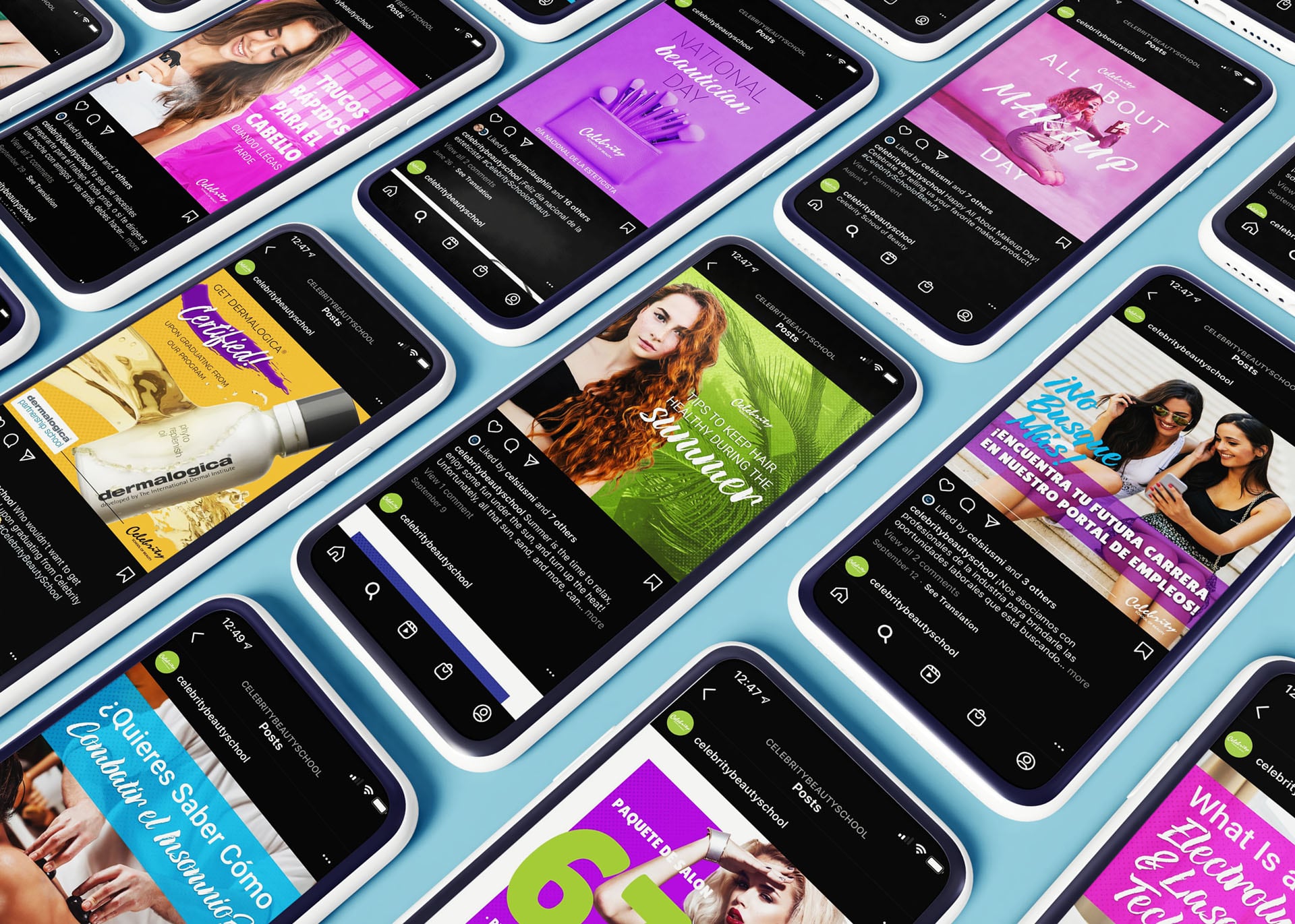 Celebrity School of Beauty organic social media posts displayed on a bunch of phones.