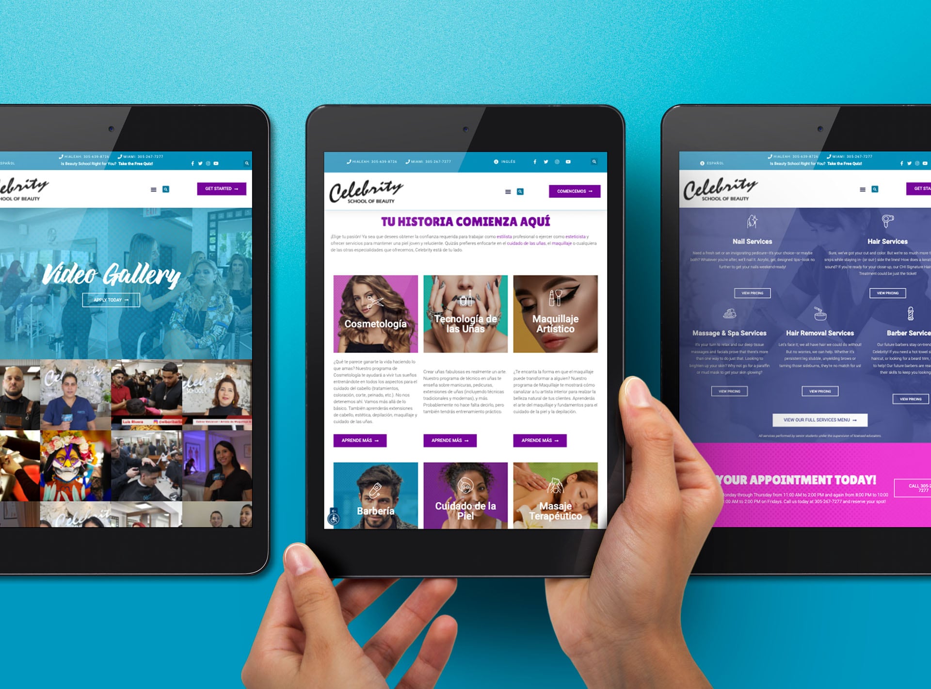 Celebrity School of Beauty website homepage displayed on three tablets.