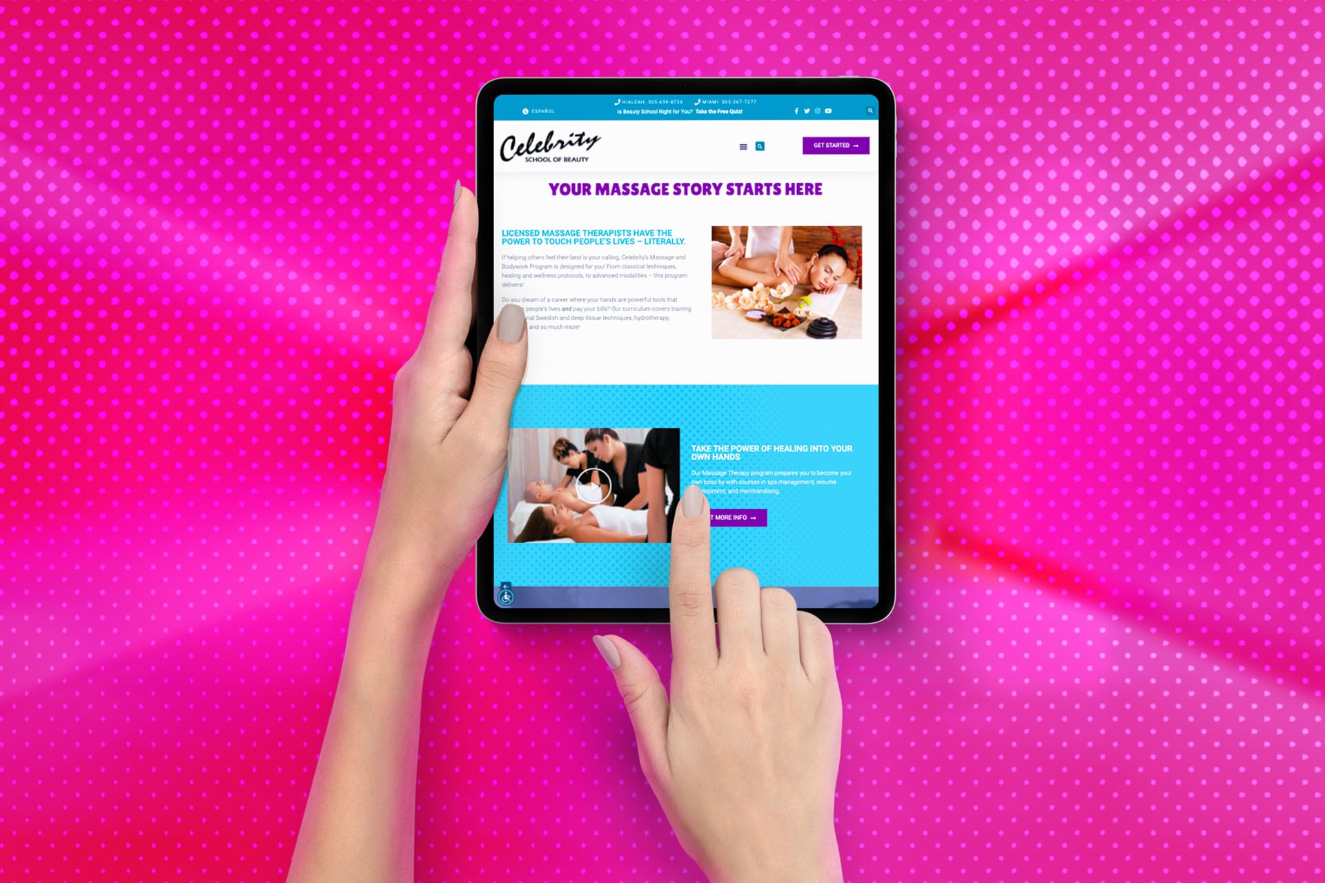 Celebrity School of Beauty website displayed on a tablet that somebody is using.