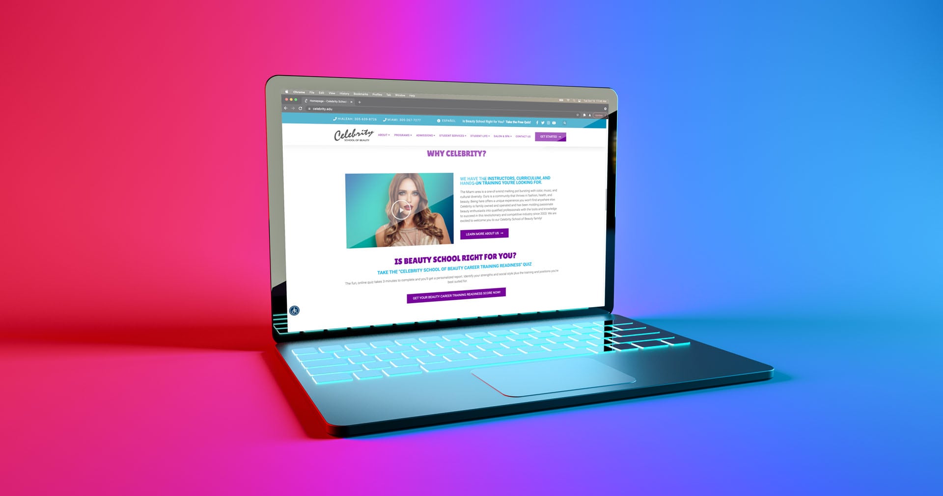 Celebrity School of Beauty website displayed on a laptop.