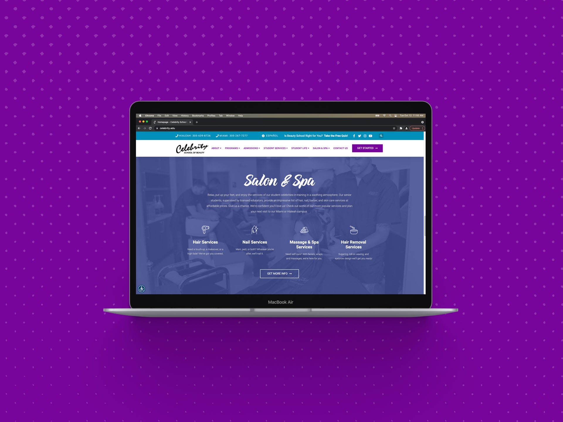 Celebrity School of Beauty Salon & Spa page displayed on a laptop.