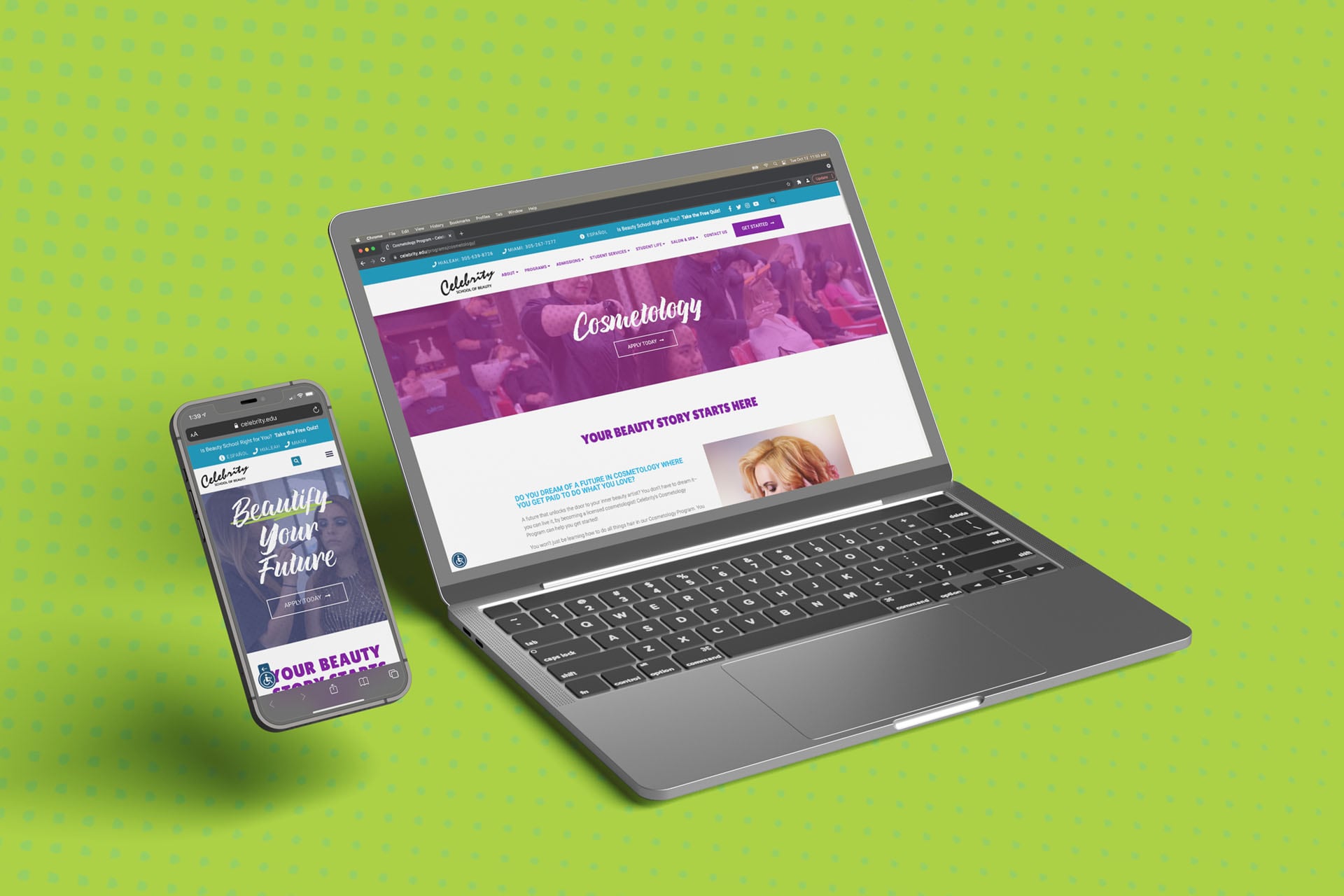 Celebrity School of Beauty website displayed on a phone and tablet.