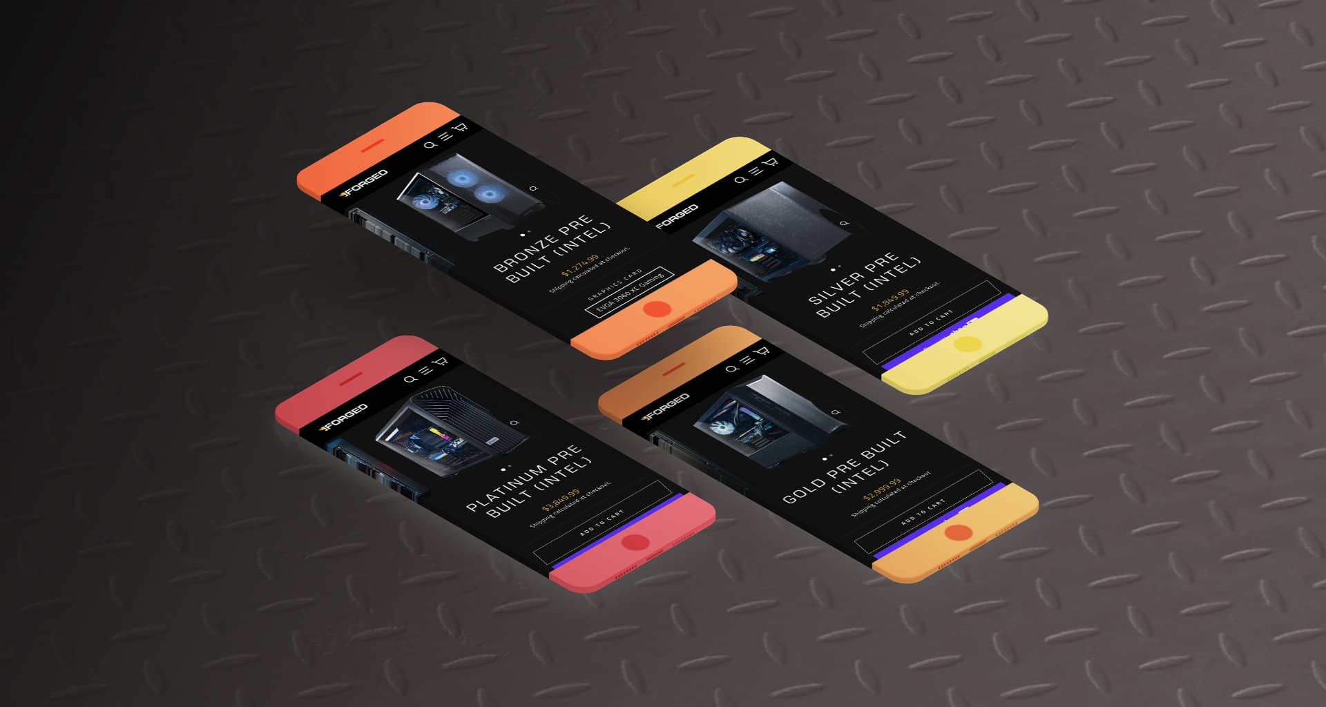 The Forged PCs product pages displayed on four floating mobile phone screens.