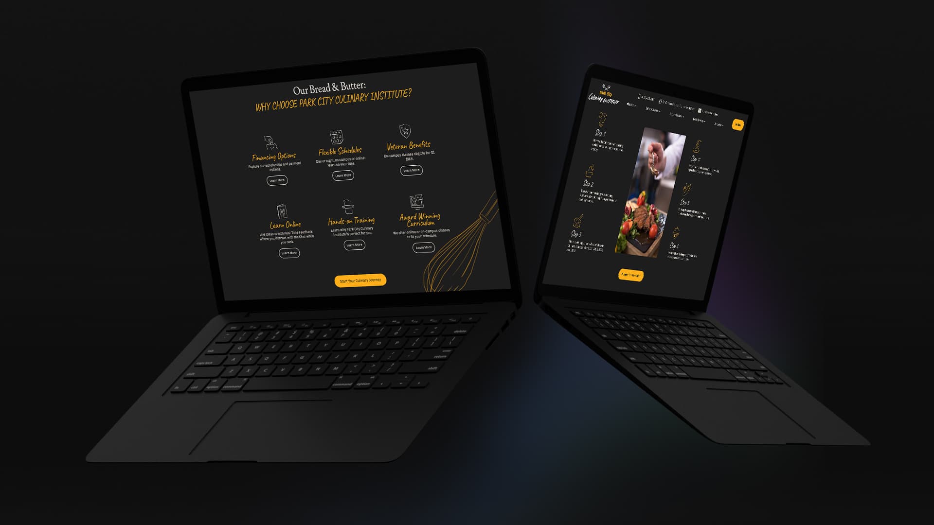 The Park City Culinary Institute homepage displayed on two floating laptops.