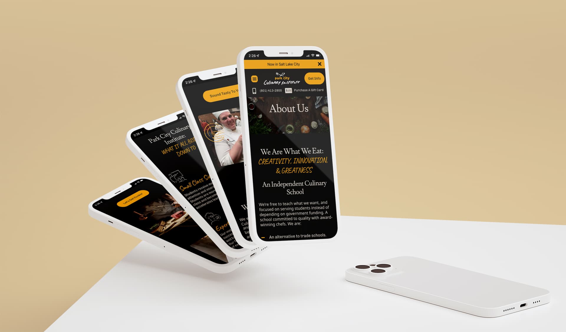 The Park City Culinary Institute's about page displayed on four floating mobile phones.