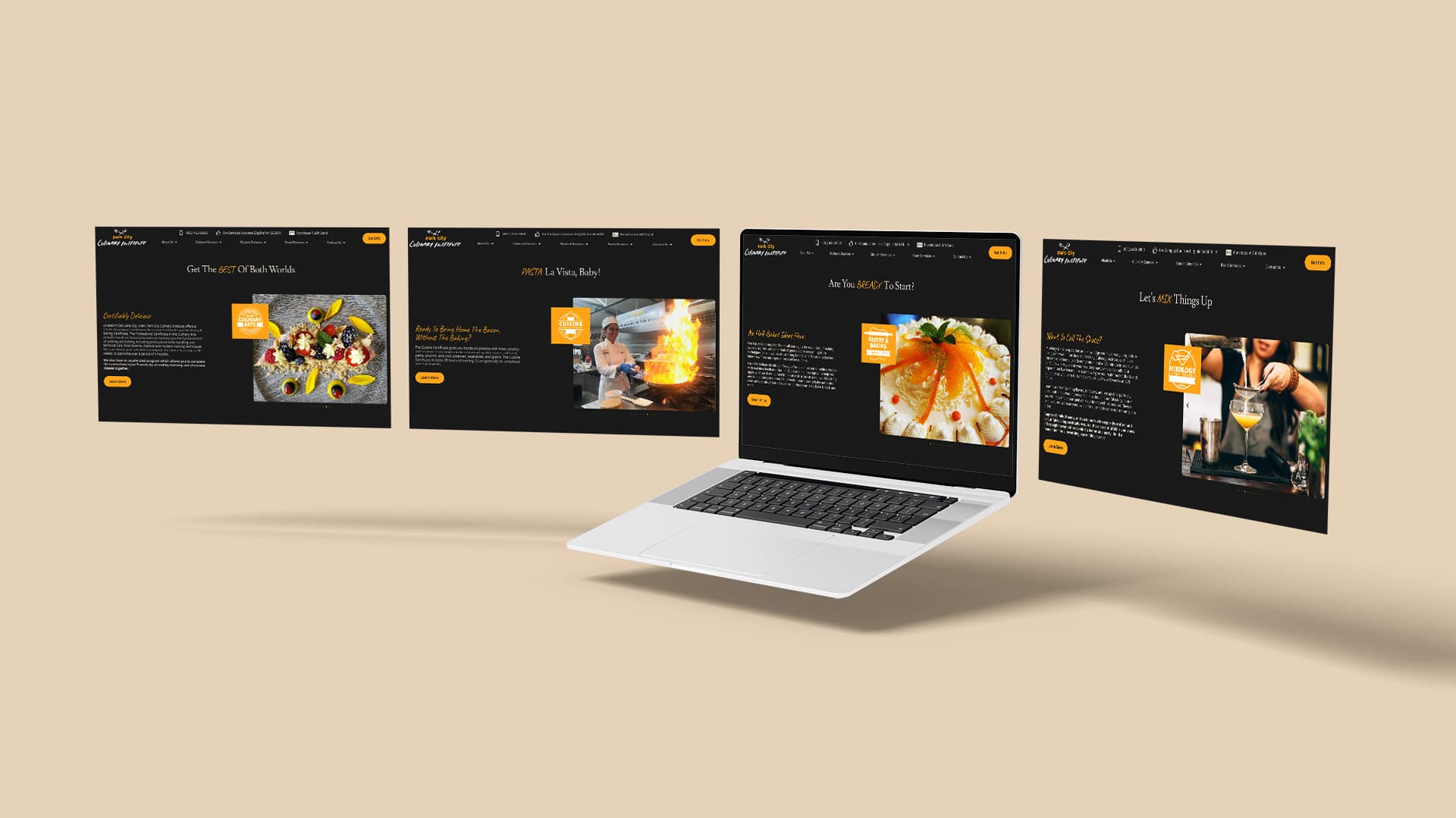 The Park City Culinary Institute program pages displayed on a laptop with floating screens.