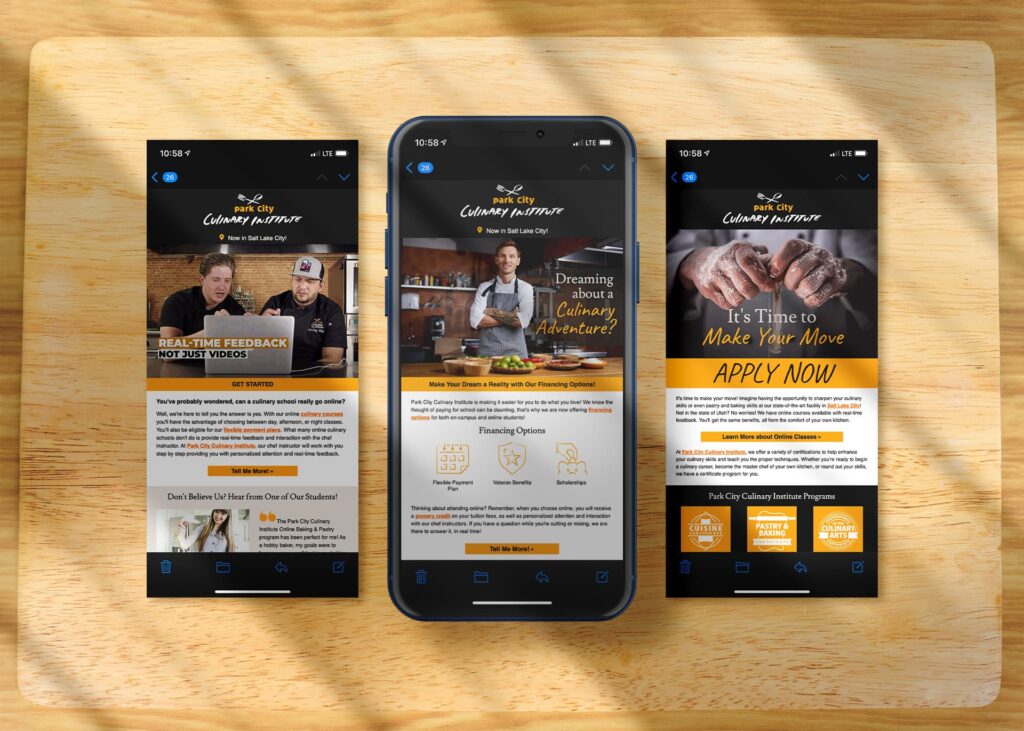 Park City Culinary Institute lead nurturing emails displayed on three mobile phones on a cutting board.