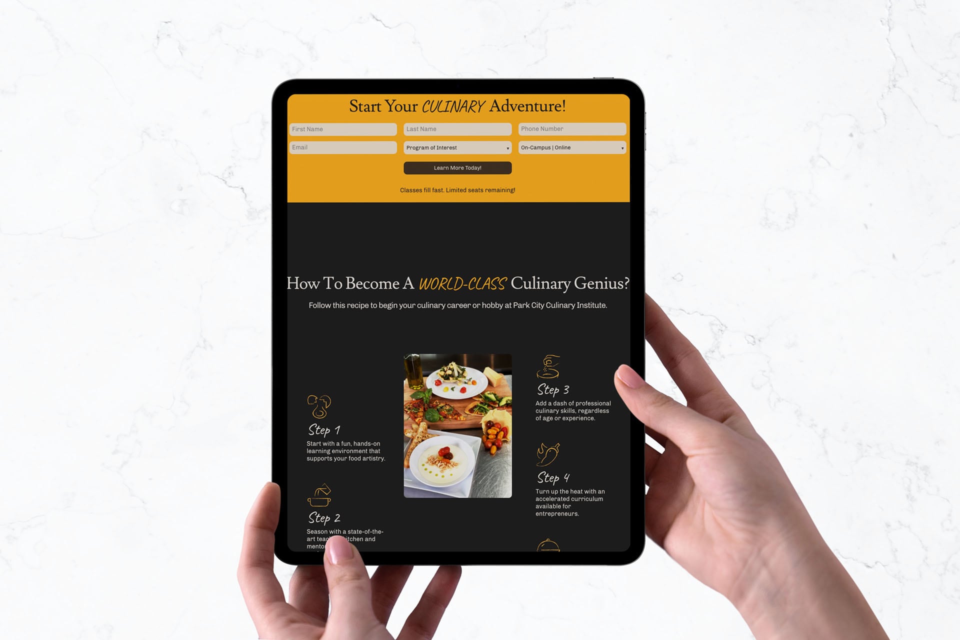 The Park City Culinary Institute's landing page displayed on a tablet held in a woman's hands.