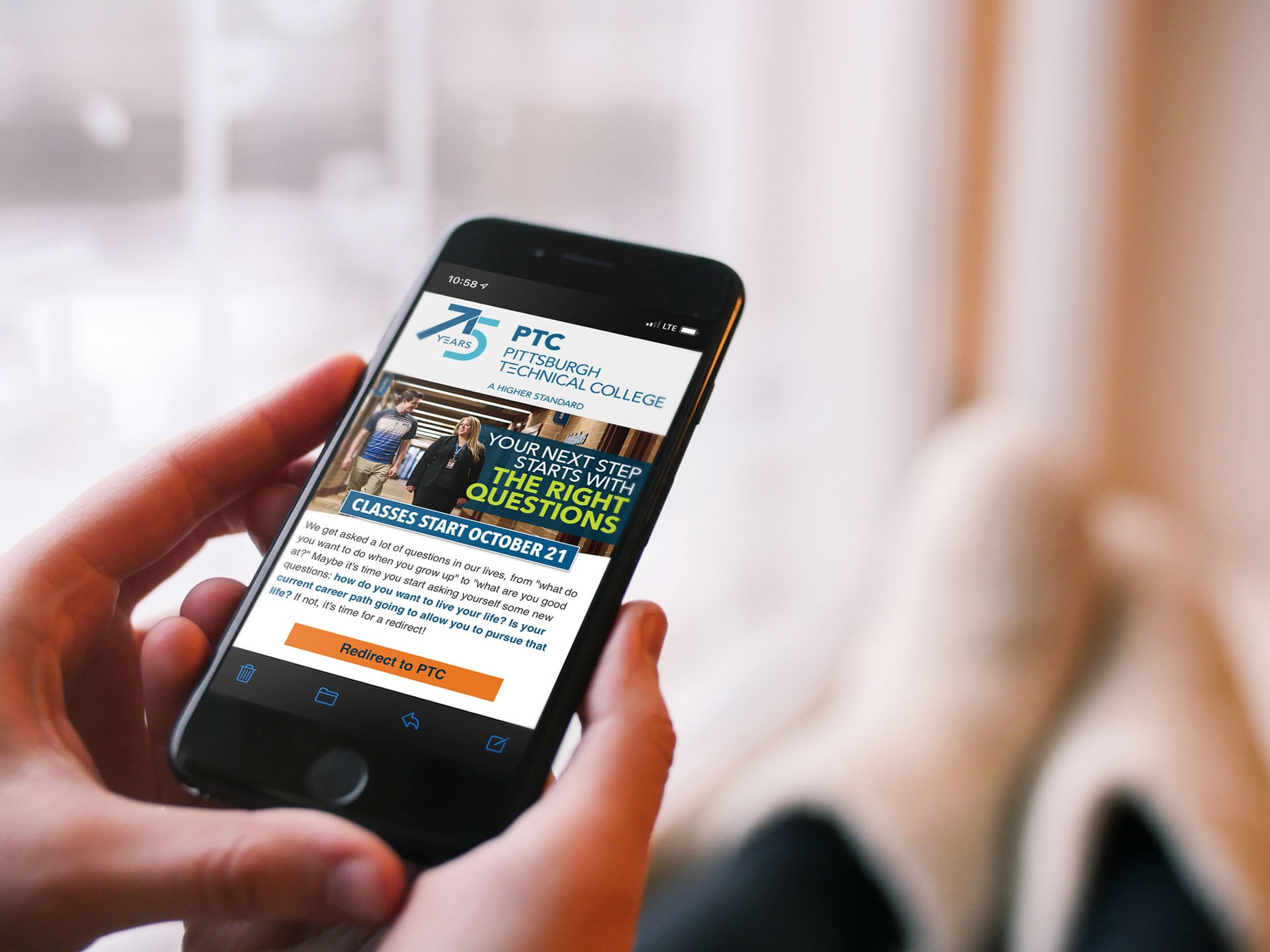 An email designed and deployed for Pittsburgh Technical College displayed on a mobile phone in someone's hands.