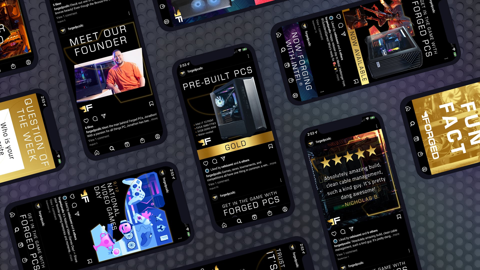 Forged PCs organic social media posts displayed on multiple mobile phones.
