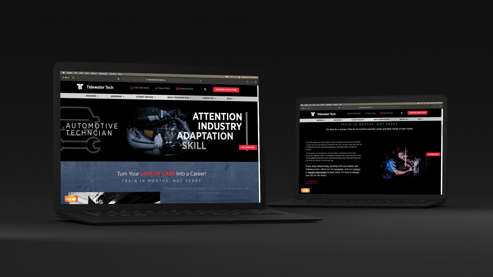Tidewater Tech website program pages displayed on two laptops.
