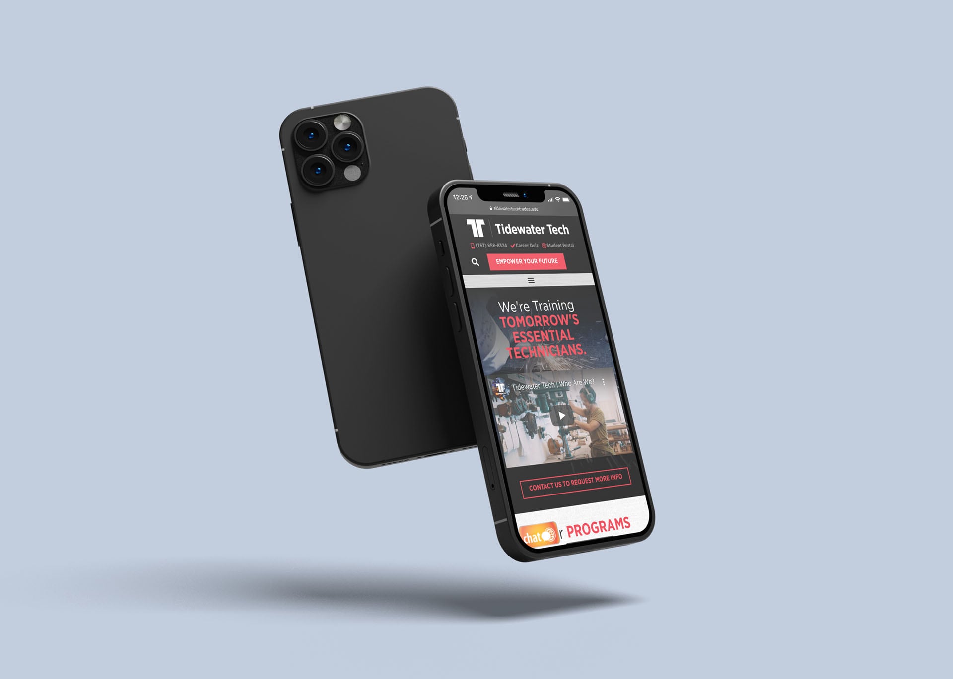 Tidewater Tech homepage displayed on a mobile phone.