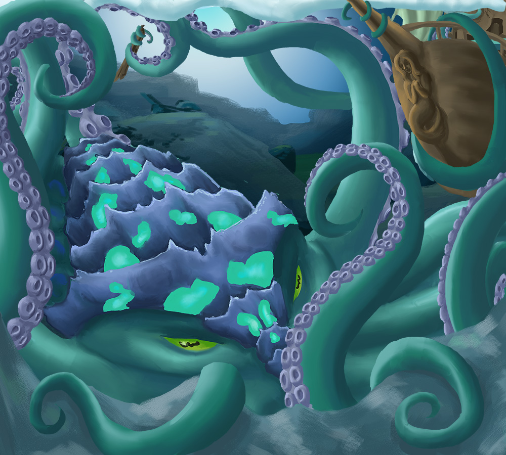 Digital illustration of the Atlantic Kraken scene from the "Mythical Beasts and Where to Find Them" star book. A giant, teal sea monster sprawls across the ocean floor, dragging a hapless galleon beneath the waves.