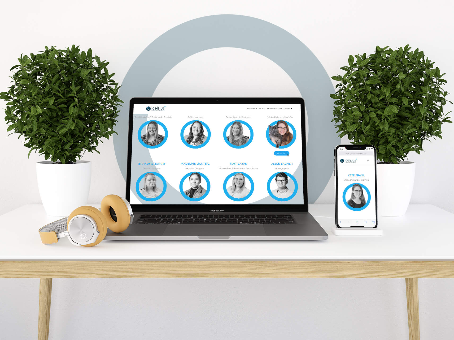 The Our Team page of the Celsius Marketing | Interactive website featured on a laptop and mobile phone