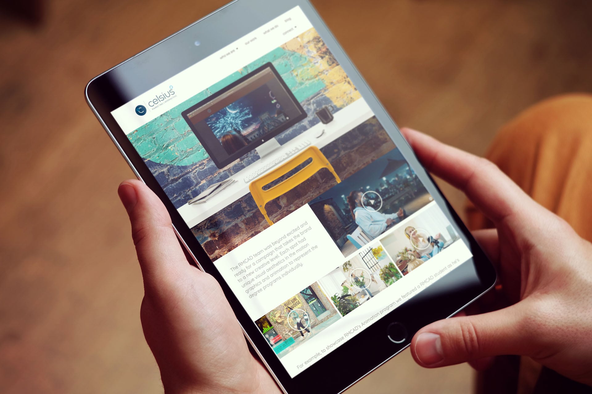 A section of the RMCAD portfolio page on the Celsius Marketing | Interactive website featured on a tablet.