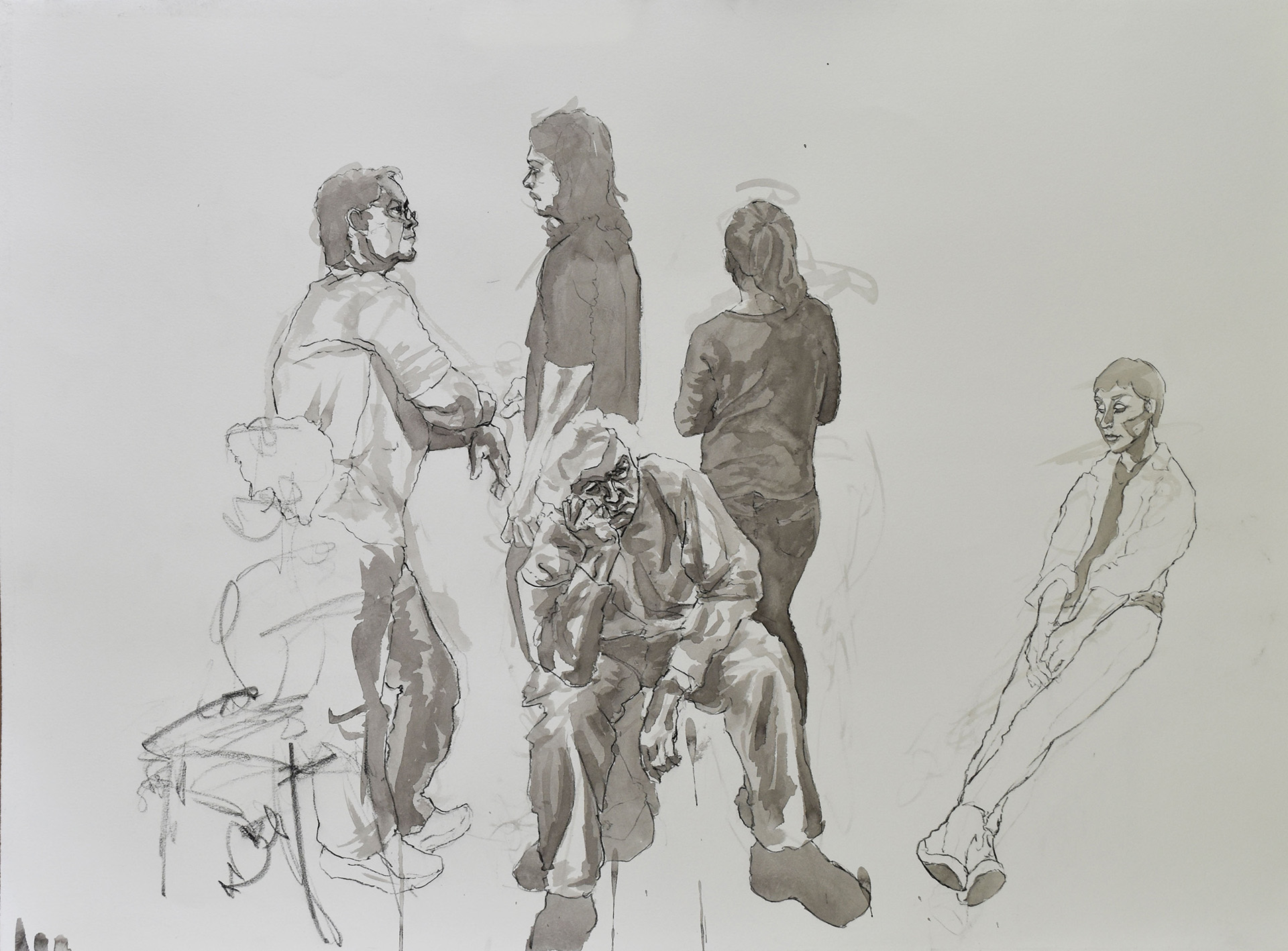 Collage of gesture drawings of students standing or sitting in various positions.