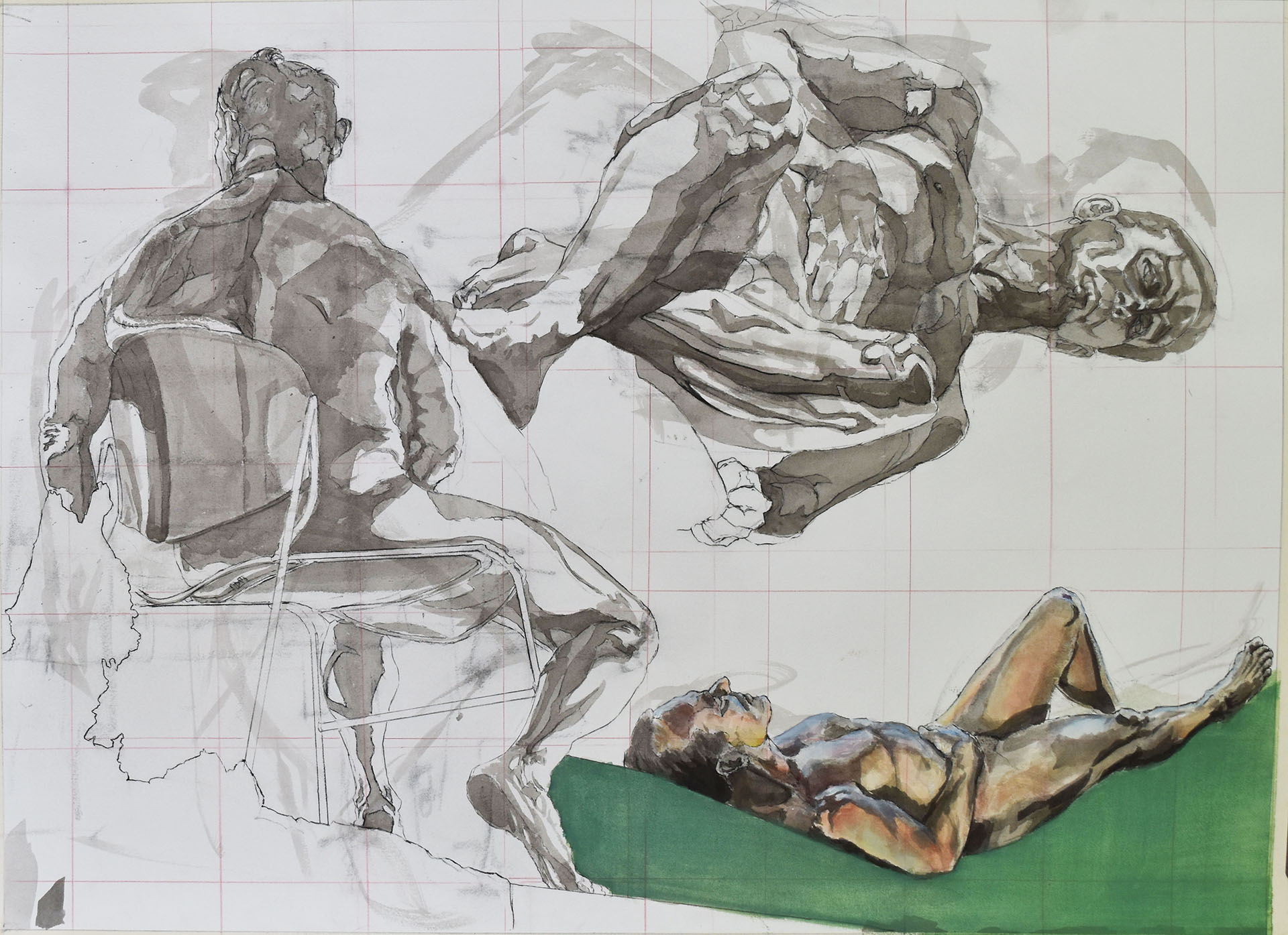 Collage of three different figure drawings of the same nude male model. He is rotated in different directions in each scene, drawn into a different section of the paper. The bottom right corner shows a small drawing of him reclining on a green surface.