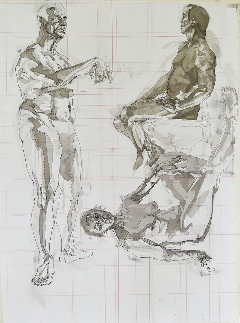 Collage of three figure drawings, all drawn from different angles on the same paper. Charcoal contour line drawing and ink wash rendering flesh them out.