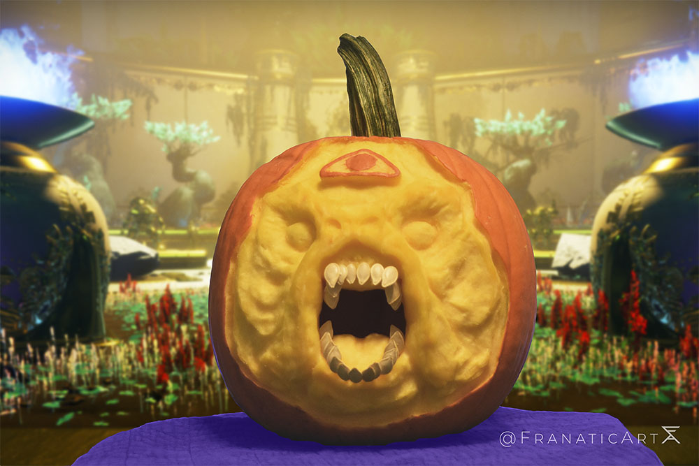 Pumpkin carving of Emperor Calus, boss of the Destiny 2 raid, The Leviathan. The carving is comped into a screenshot of the Tribute Hall.