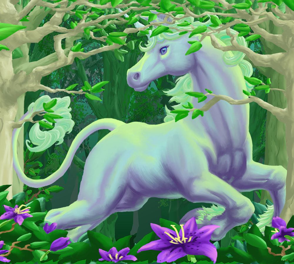 Digital illustration of the European Unicorn scene from the "Mythical Beasts and Where to Find Them" star book. The graceful equine leaps between trees in an emerald forest, behind thickets of purple flowers.