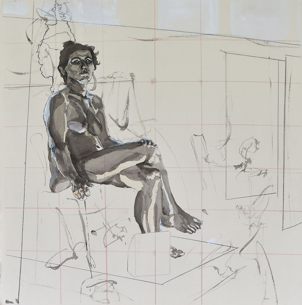 Figure drawing of a nude model inside a still life scene. The setting is hastily sketched in gestural charcoal strokes, but the model is rendered with volumetric layers of ink wash.