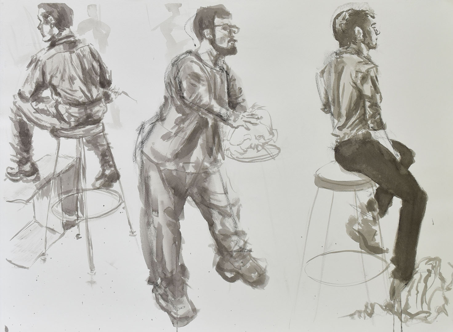 Three gesture drawings of students interacting with a stool, all rendered in ink wash.