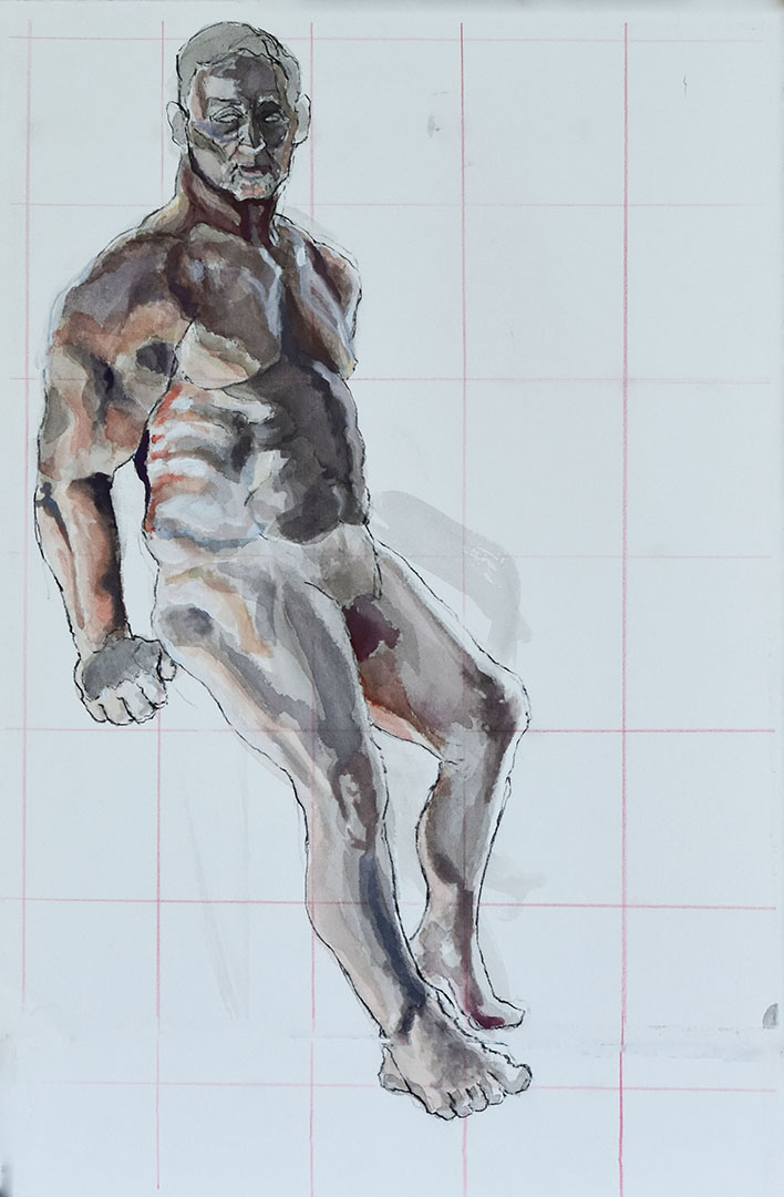 Drawing of a nude male model rendered in charcoal pencil, ink wash, and gouache paint.