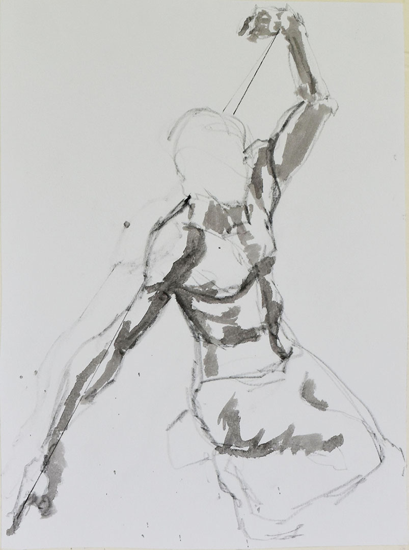 Ink gesture drawing of an athletic student posing with a rod.