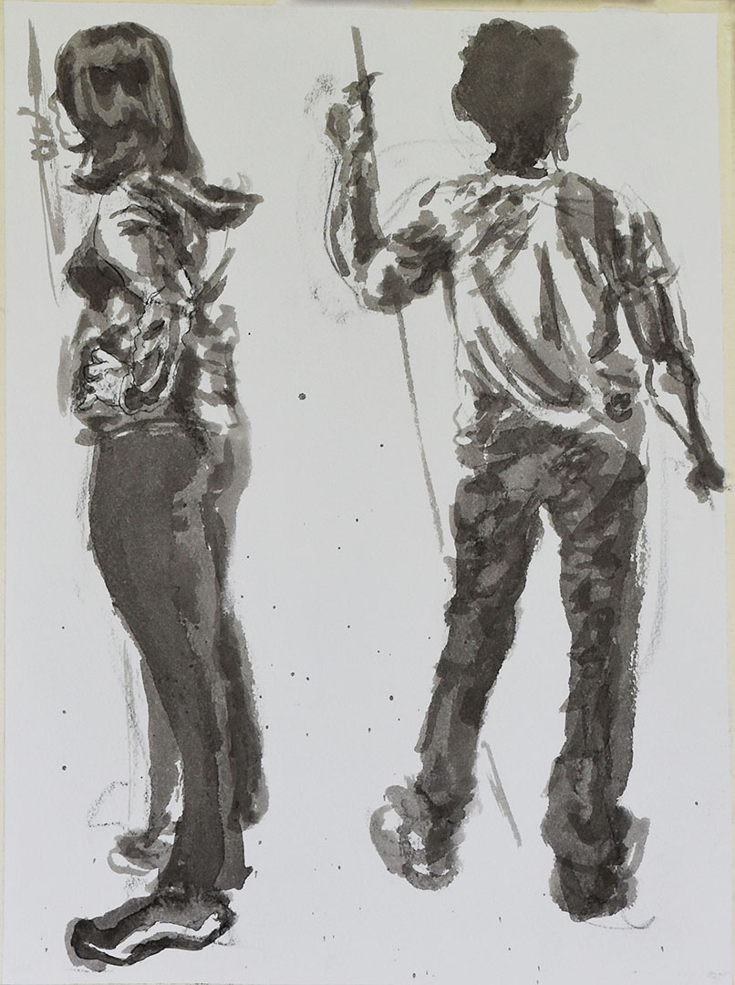 Two ink gesture drawings of students holding a rod, rendered in ink wash.