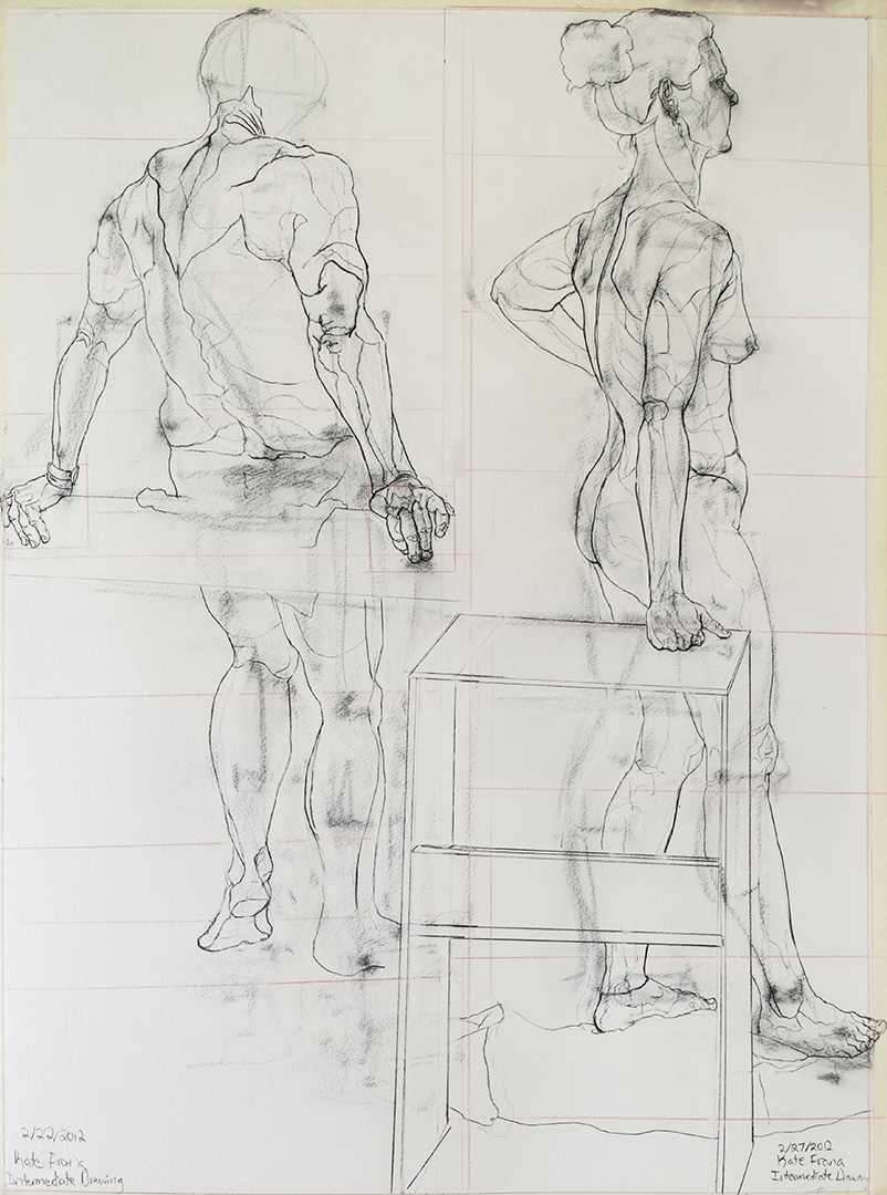 Two overlapping contour line drawings of a male and female model.