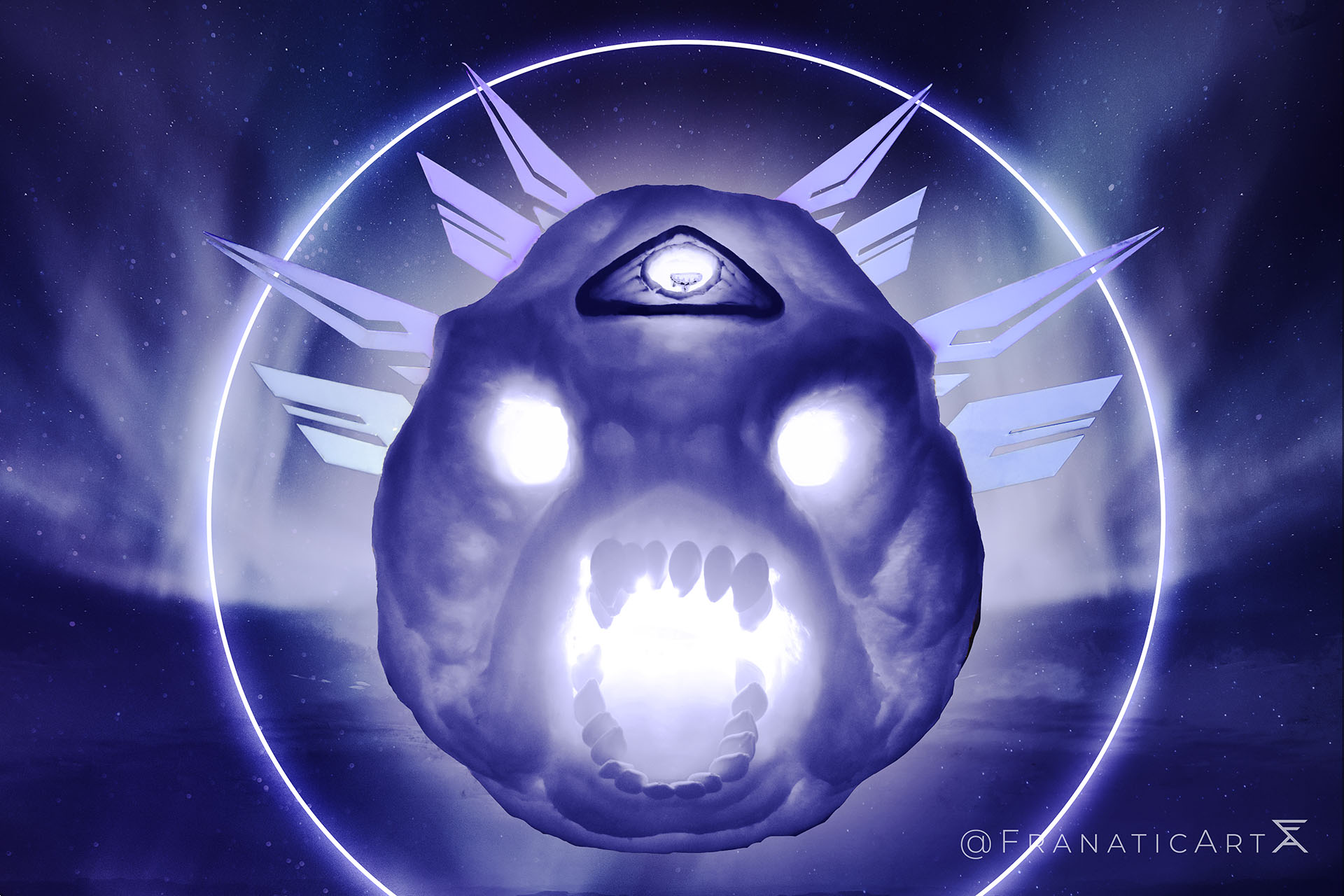 Pumpkin Carving of Emperor Calus, boss of the Destiny 2 raid, The Leviathan. This heavily edited photo shows the pumpkin in the psionic realm, where Calus's head looms over the players in a purple void.