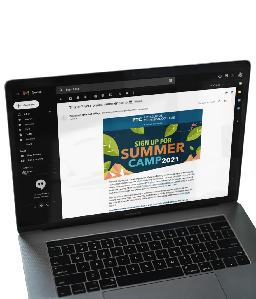 Mockup of a Macbook featuring an email from PTC. The hero image declares, "Sign up for summer camp 2021."