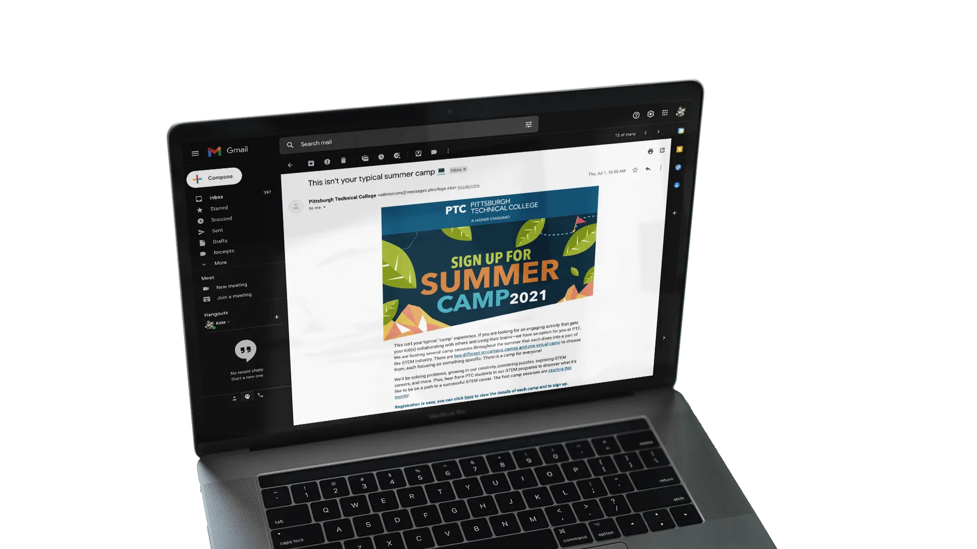 Mockup of a Macbook featuring an email from PTC. The hero image declares, "Sign up for summer camp 2021."