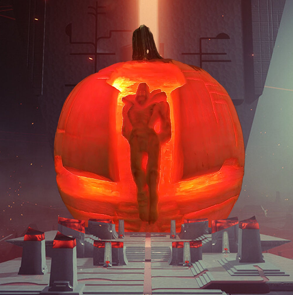 Pumpkin carving of Rhulk, First Disciple of the Witness, final boss from the Destiny 2: The Witch Queen raid, Vow of the Disciple. A photo of the pumpkin carving has been comped into an image of the final boss encounter arena, the Upended.