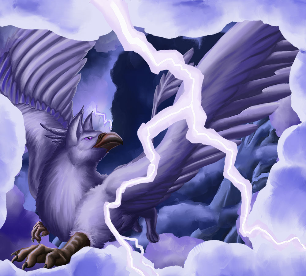 Digital illustration of the Storm Gryphon from the "Mythical Beasts and Where to Find Them" star book. A violet gryphon dodges a lightning bolt between dark clouds.