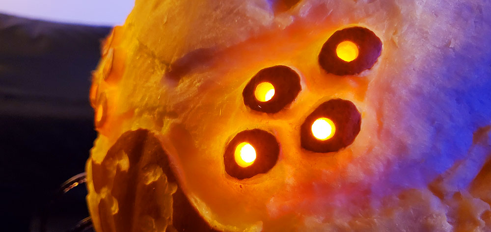 Close-up detail of Taniks, the Scarred's pumpkin carving eyes and face. Orange lights were inserted into the reverse side of the pumpkin's eyes, making them glow from within.