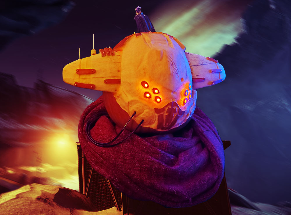 Pumpkin carving of Taniks, the Scarred, boss of the Destiny 2: Beyond Light raid, Deep Stone Crypt. The pumpkin carving has been comped into a screenshot of the final boss arena.