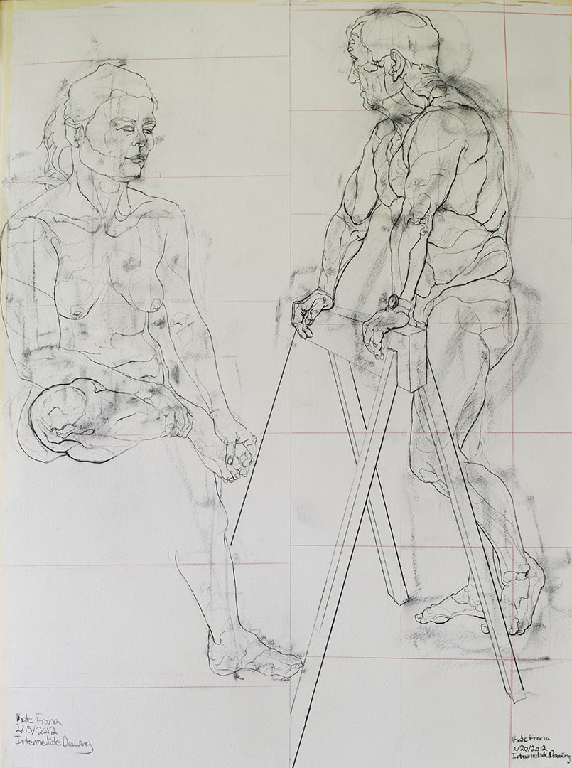 Two contour line drawings of two models overlapping.