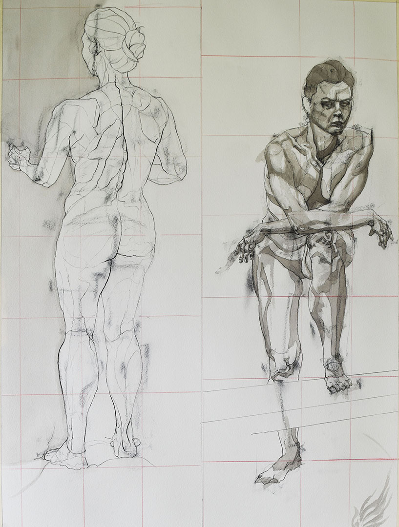 Two drawings of a nude female model from different angles.