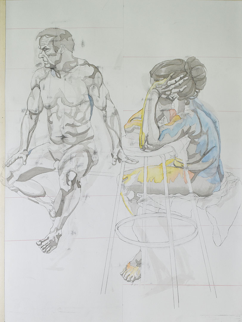 Two different figure drawings of a male and female nude model sit side-by-side, rendered in charcoal line drawing, ink wash blocking, and a bit of gouache primary color on the female drawing.